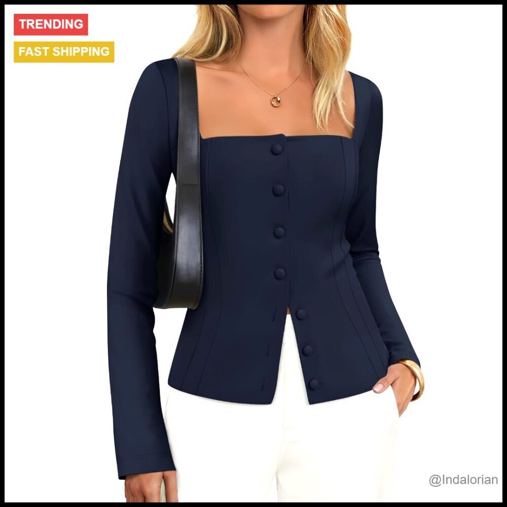 Square Neck Fitted Blazer Jacket Long Sleeve Slim Fit Business Casual Chic